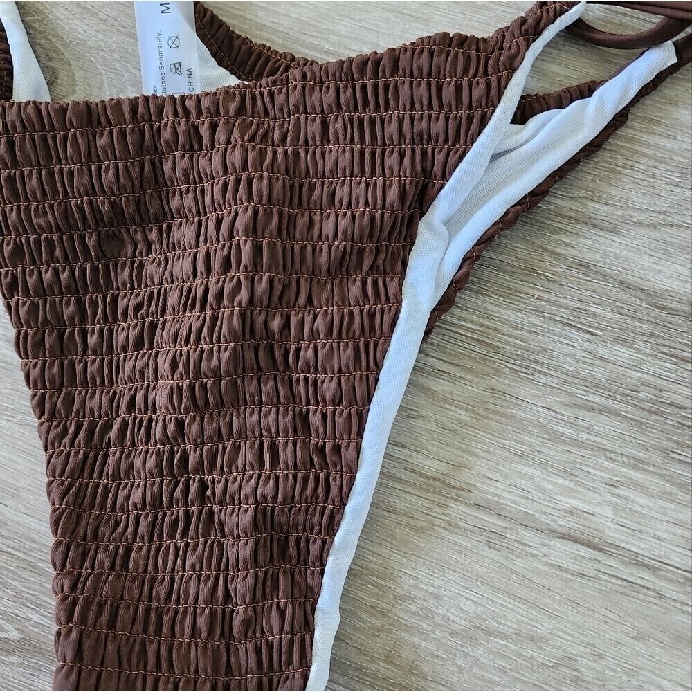 SweatyRocks Women's 2 Piece brown Ribbed Tie Side Halter Bikini Swimsuit Medium - Picture 9 of 10